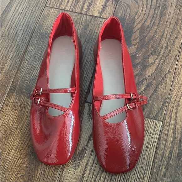 Zara Girls Red Patent Double Strap Ballerina Flats - Picture 1 of 8